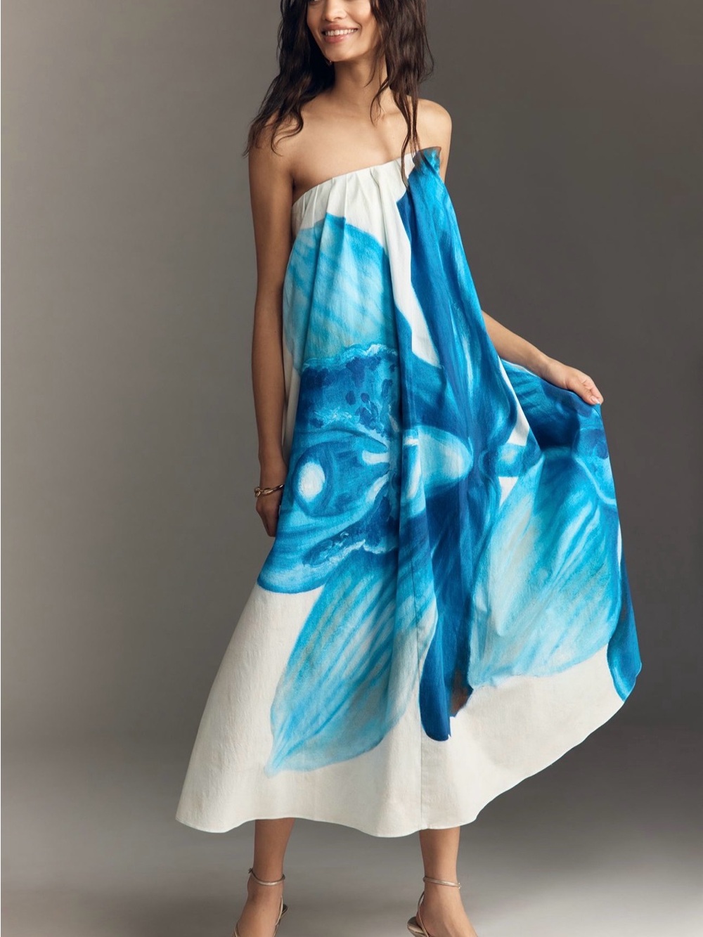 Significant Other Strapless Blue Floral Midi Dress from Anthropologie